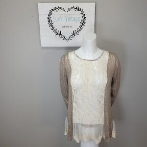 A Reve Lace Trim Mesh Knit Long Sleeve Sweater Top Beige Sheer Bow Back Size L